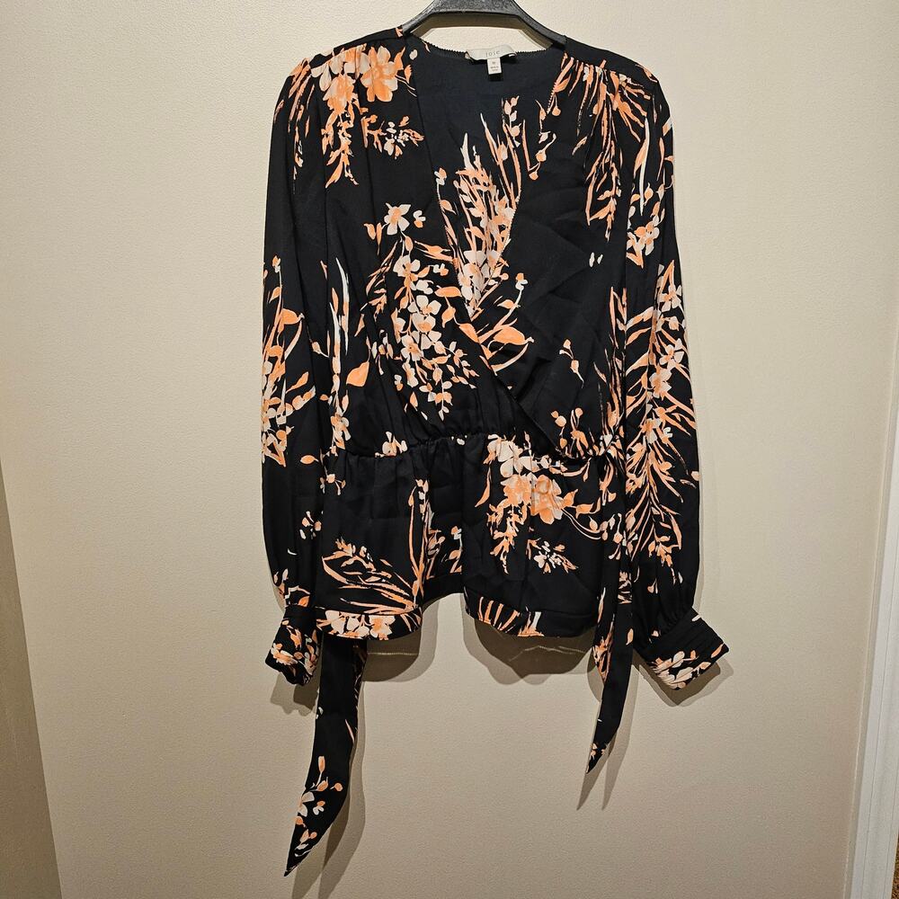 Joie Arin Floral Wrap Top Black with Orange Coral Floral Medium Caviar